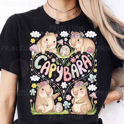 a woman wearing a black t - shirt with a picture of a couple of bears