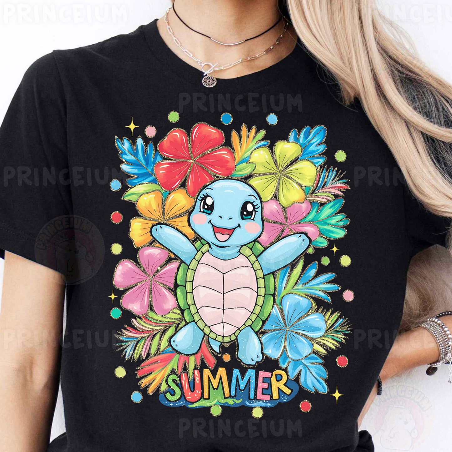 a woman wearing a black shirt with a turtle on it