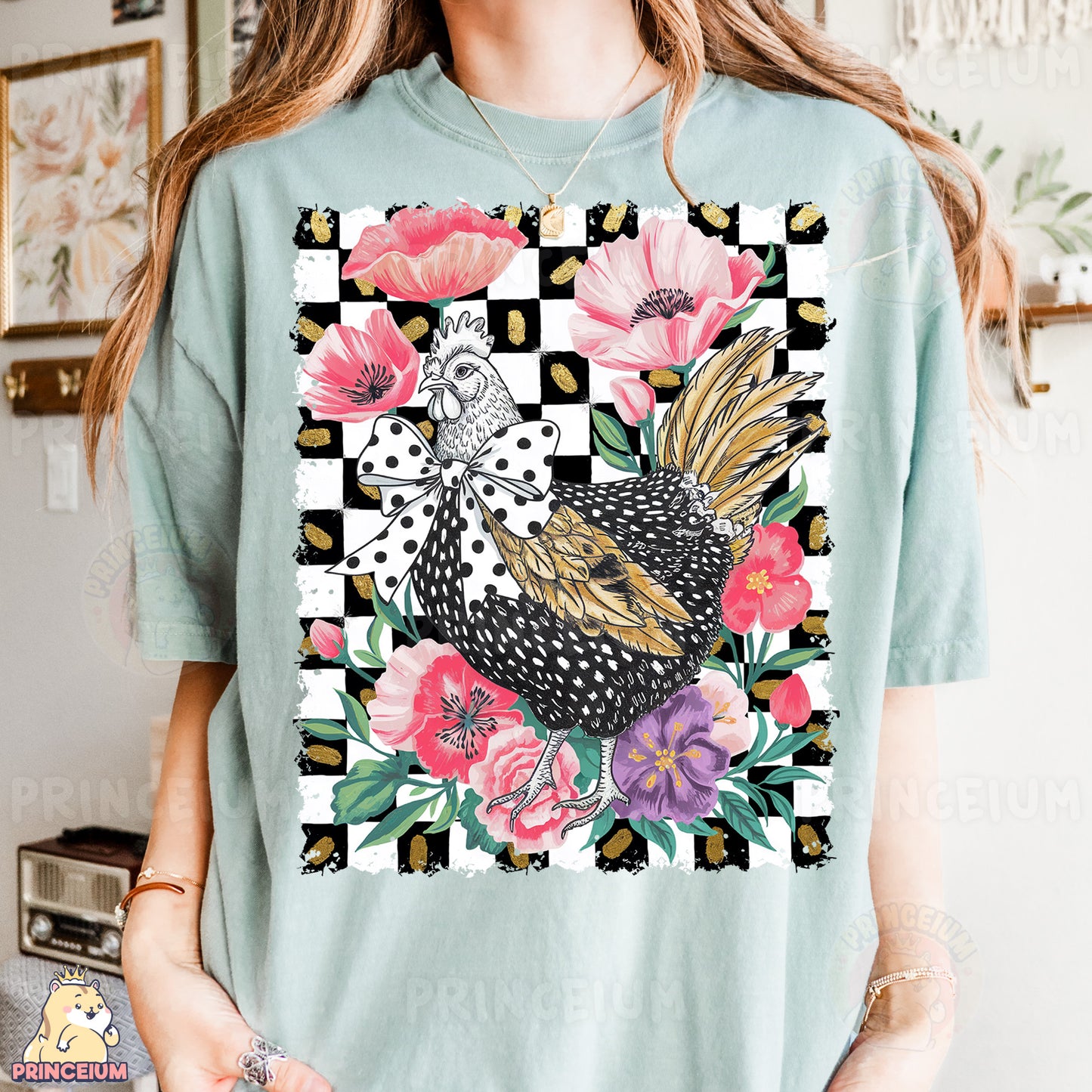 a woman wearing a t - shirt with a rooster on it