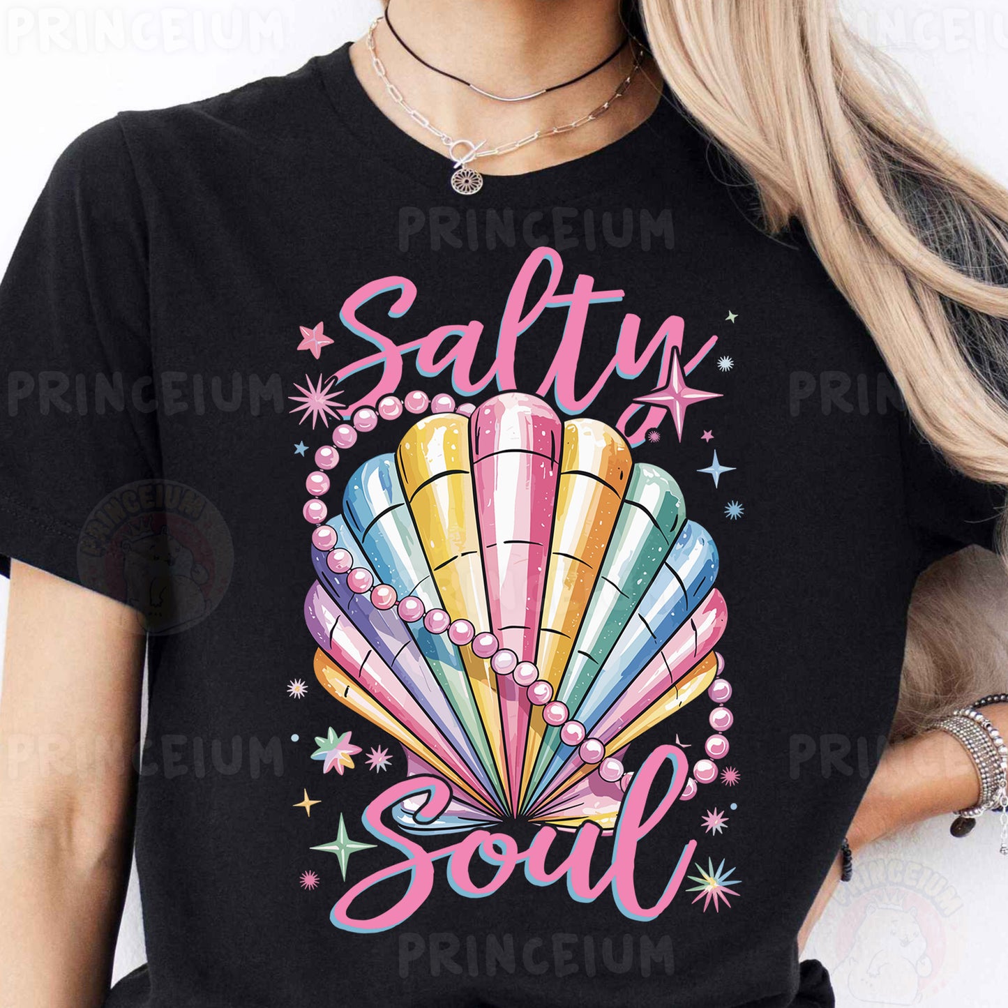 a woman wearing a t - shirt that says salty soul