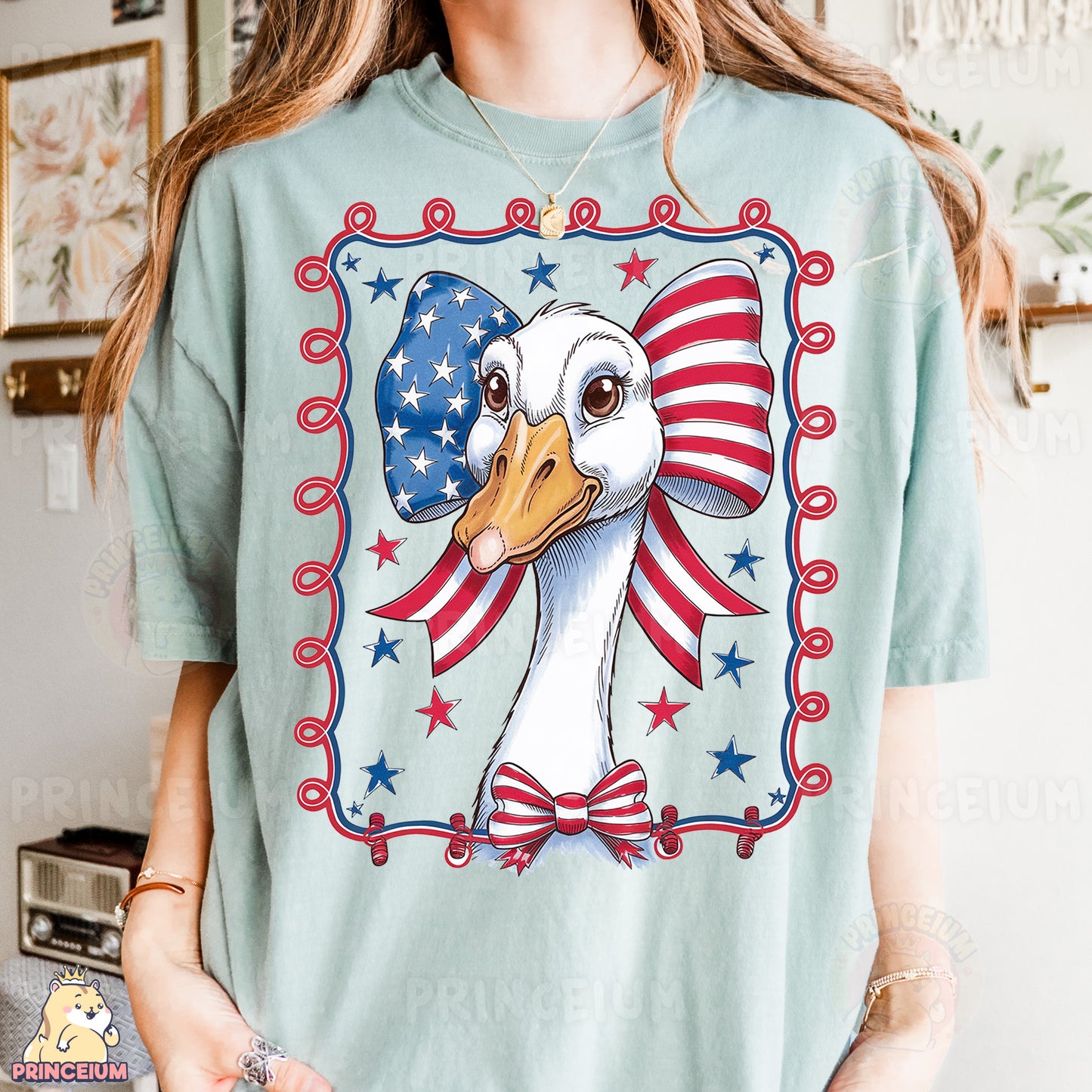 a woman wearing a t - shirt with a picture of a goose on it