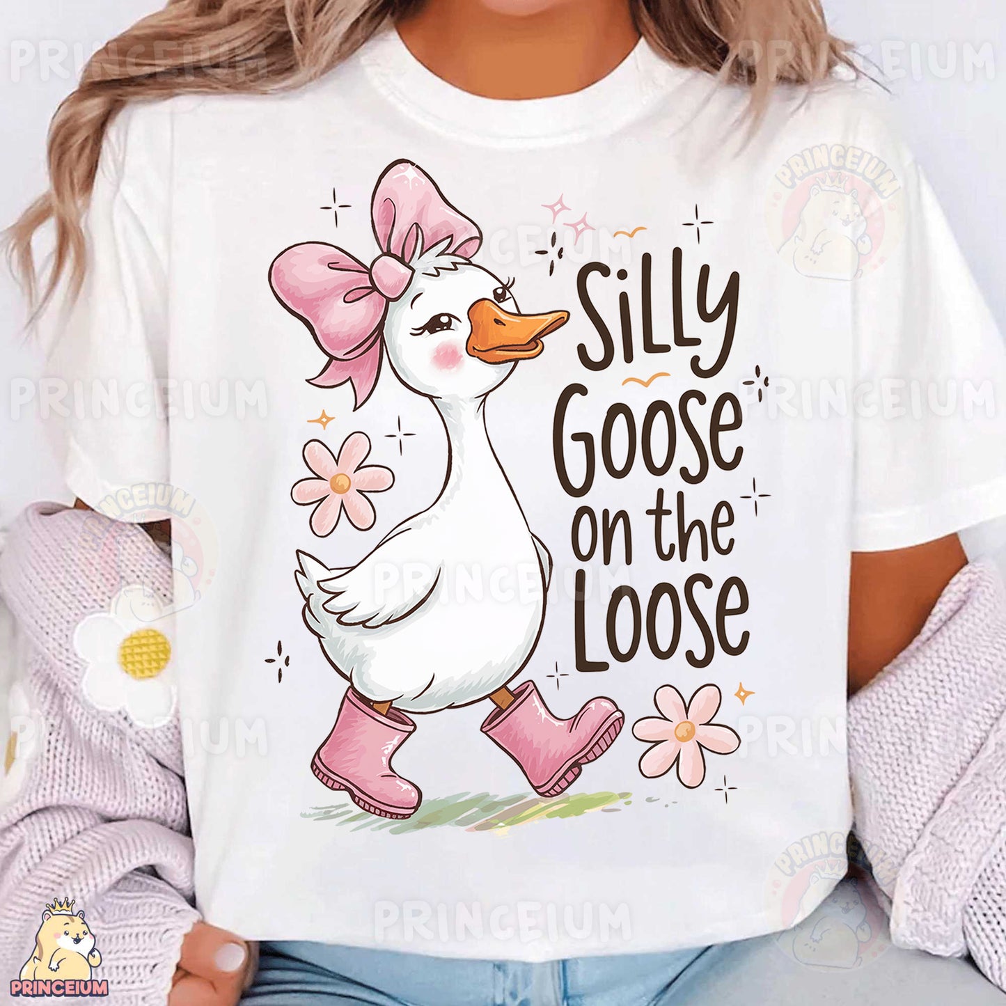 a woman wearing a white t - shirt with a duck on it