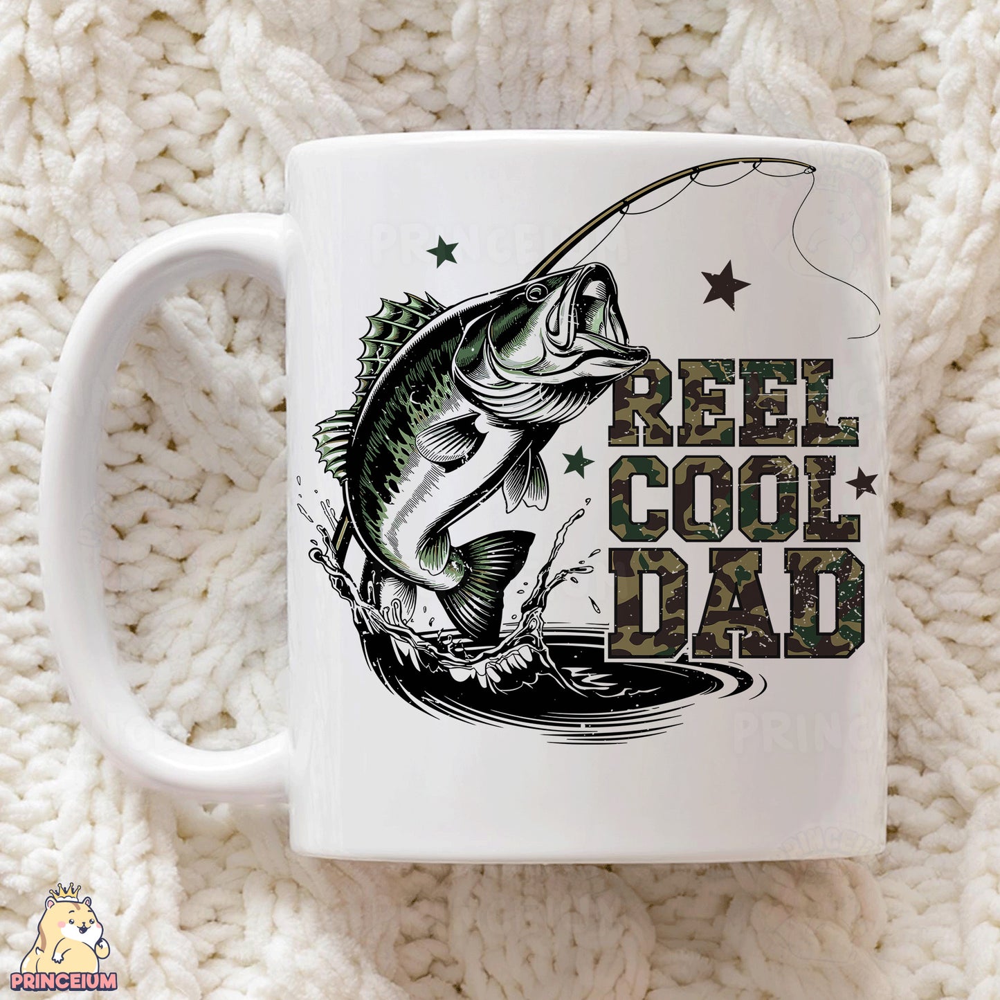 a coffee mug with a fishing design on it