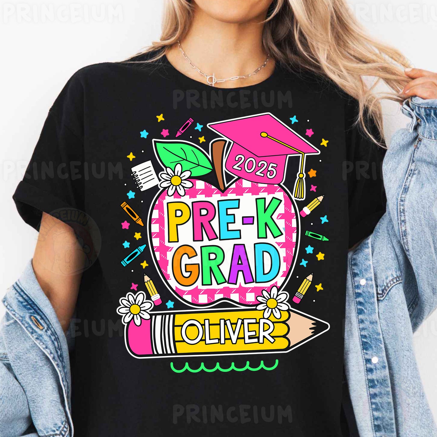 a woman wearing a black t - shirt with the words prek grad on