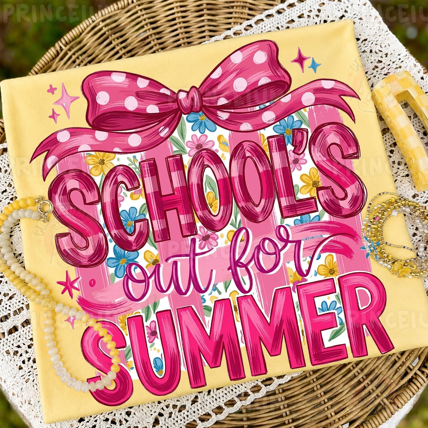 School's Out For Summer Sublimation Design PNG | Pink Bow Floral Digital Download