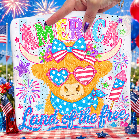 America Land of the Free PNG, Patriotic Highland Cow 4th of July Design, Americana Sublimation Graphic