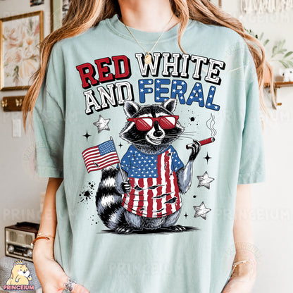 a woman wearing a red, white and fe ral t - shirt