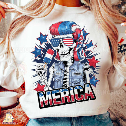 a woman wearing a white shirt with a skeleton wearing an american flag on it