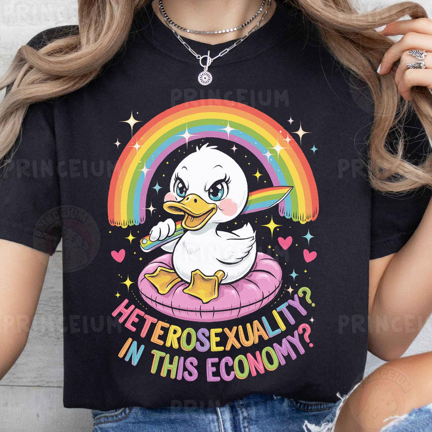 a woman wearing a black shirt with a duck on it