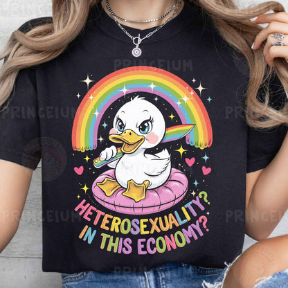 a woman wearing a black shirt with a duck on it