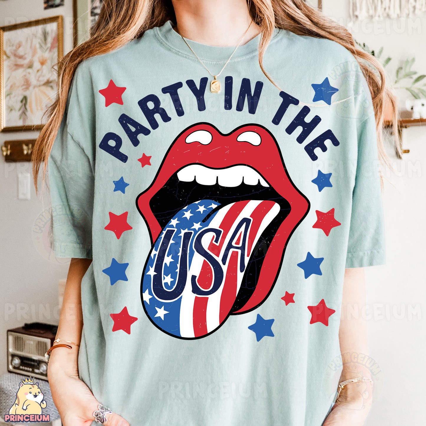 a woman wearing a party in the usa shirt