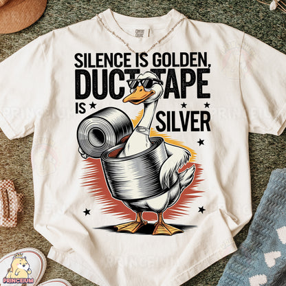 a t - shirt with a duck holding a roll of duct tape