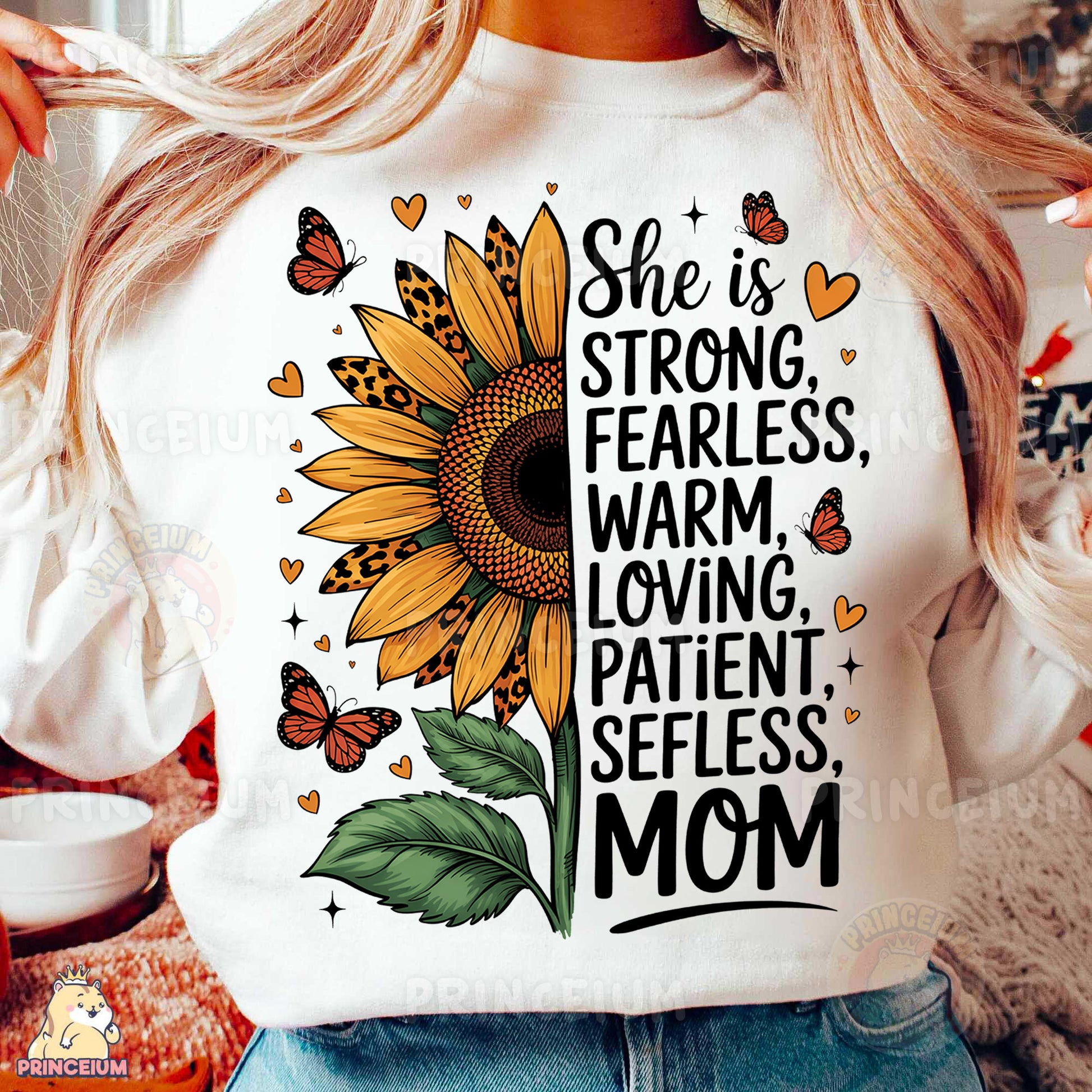a woman wearing a t - shirt with a sunflower on it