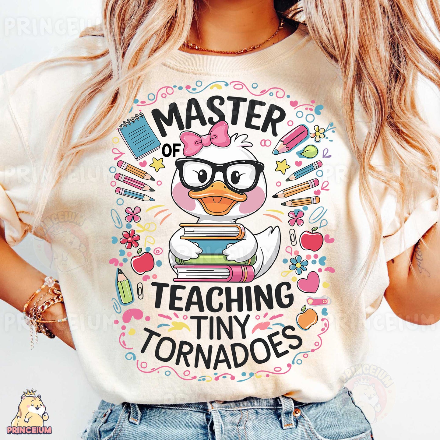 a woman wearing a t - shirt that says, master of teaching tiny tornad