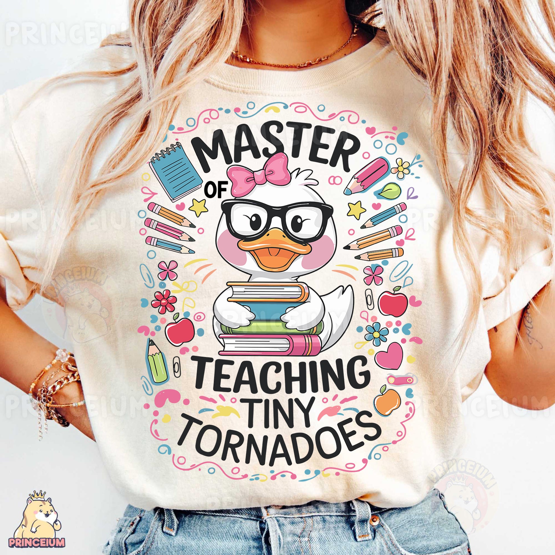 a woman wearing a t - shirt that says, master of teaching tiny tornad
