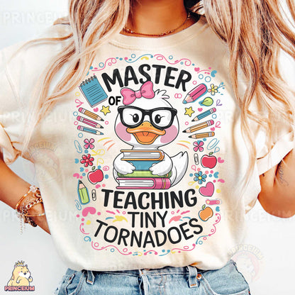 a woman wearing a t - shirt that says, master of teaching tiny tornad