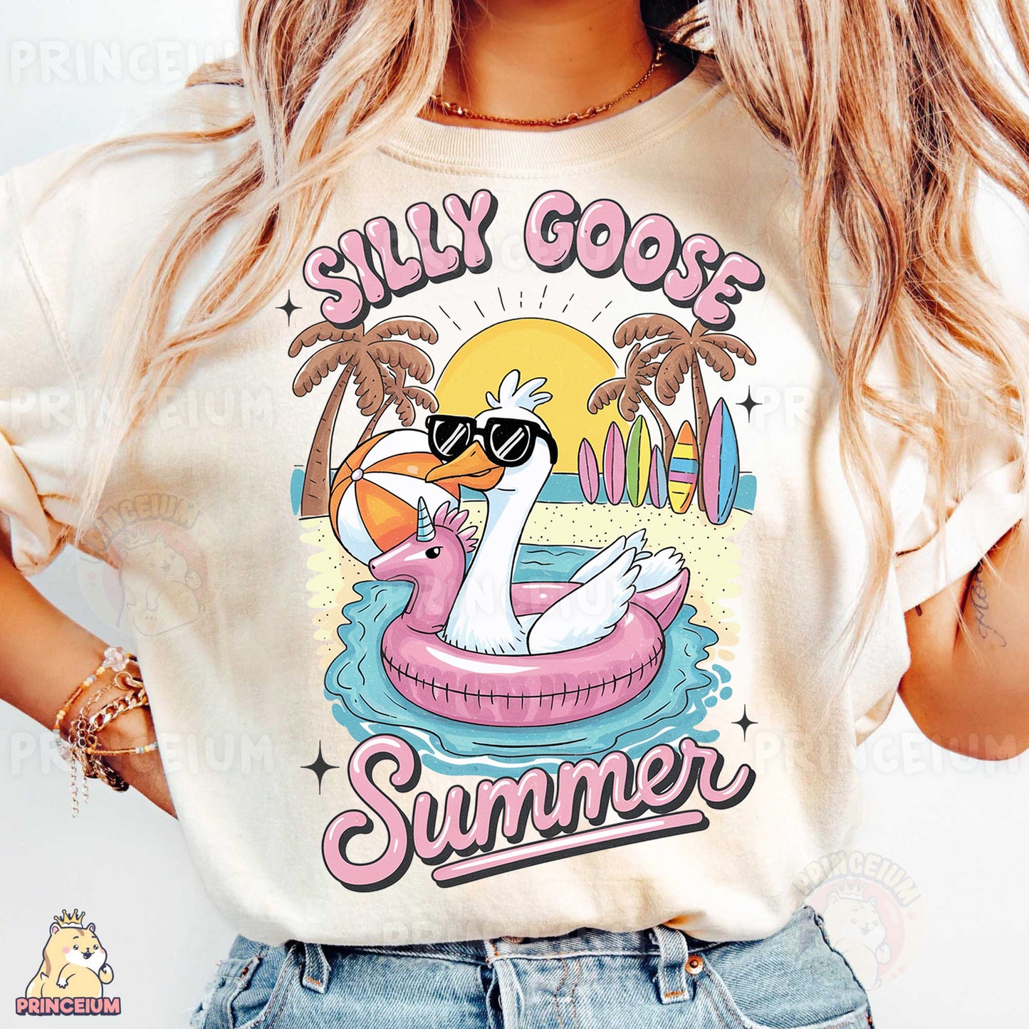 a woman wearing a t - shirt that says silly goose summer