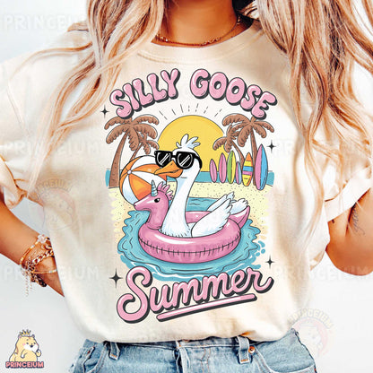 a woman wearing a t - shirt that says silly goose summer