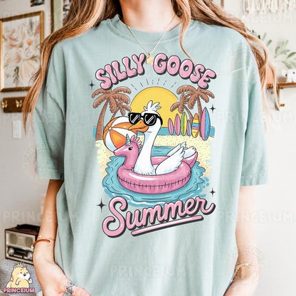 a woman wearing a t - shirt that says silly goose summer