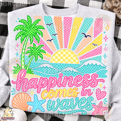 Happiness Comes in Waves PNG, Beach Summer Vacation Design, Cute Coastal Sublimation Graphic