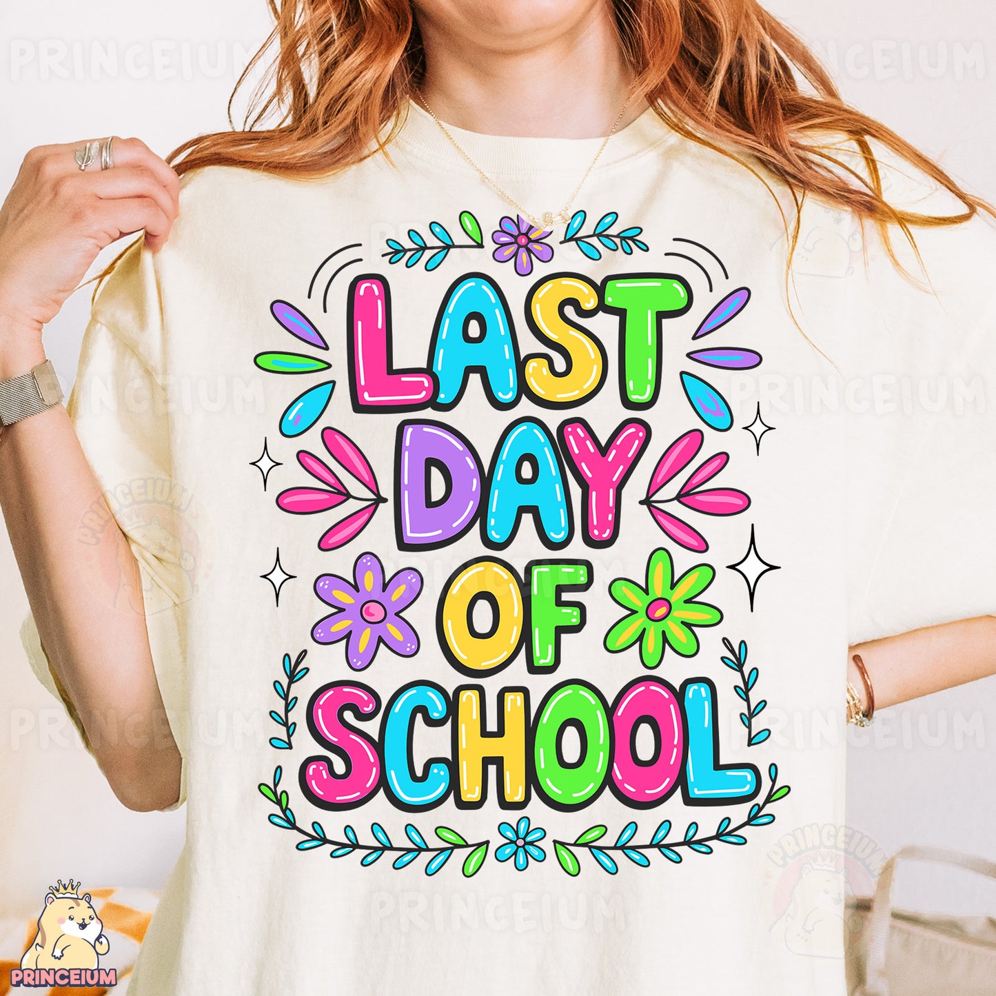a woman wearing a t - shirt that says last day of school