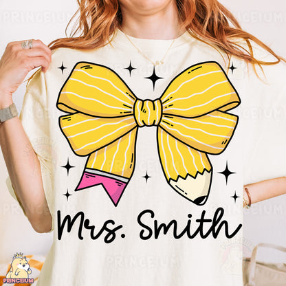 a woman wearing a white shirt with a yellow bow on it