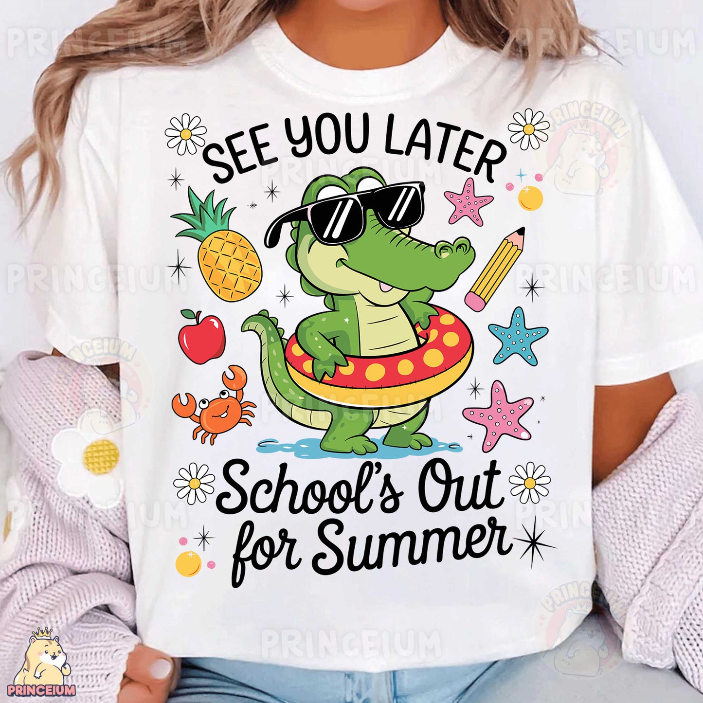 a woman wearing a t - shirt that says see you later school's out