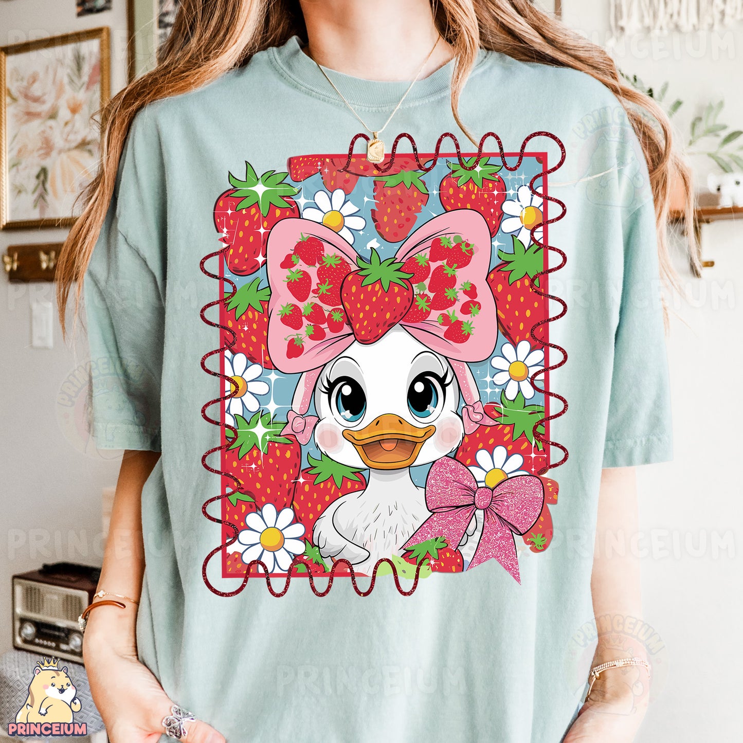 a woman wearing a t - shirt with a picture of a duck wearing a bow