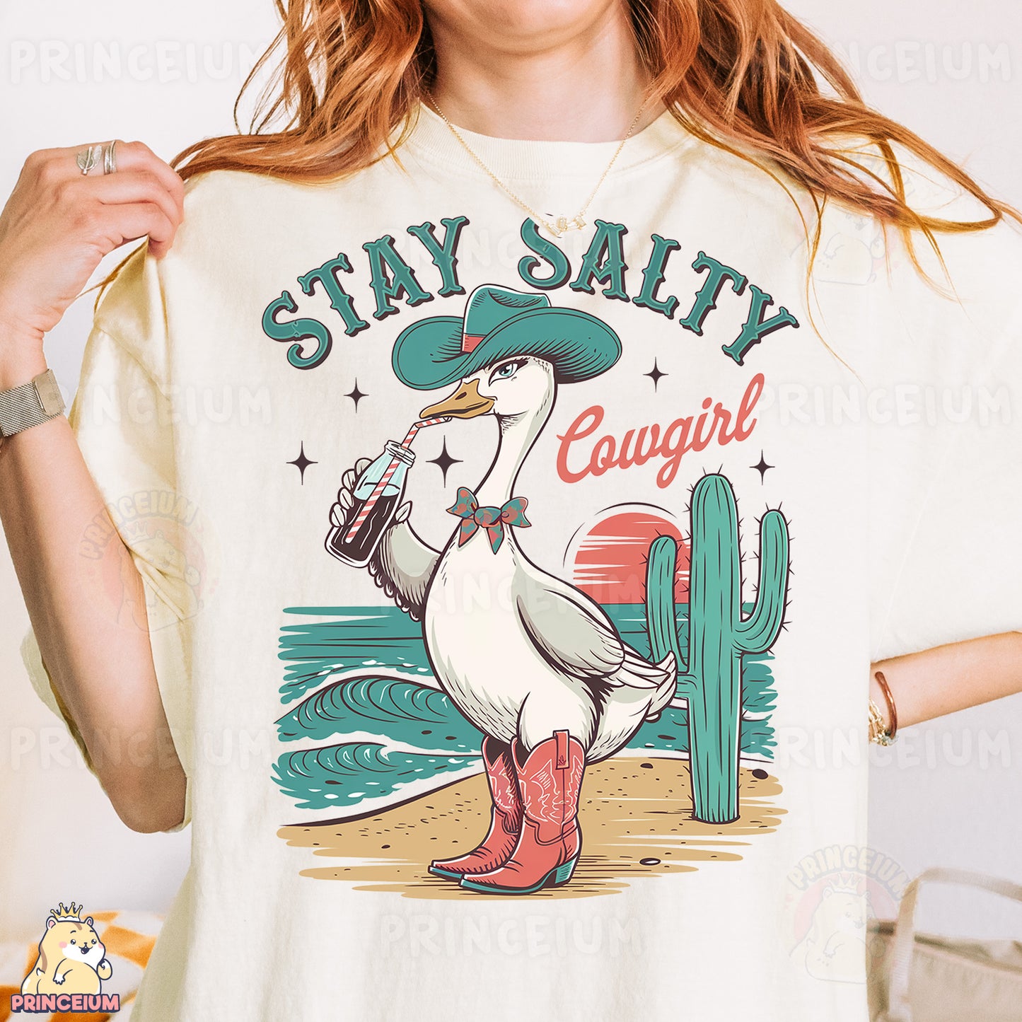 a woman wearing a white shirt with a duck on it