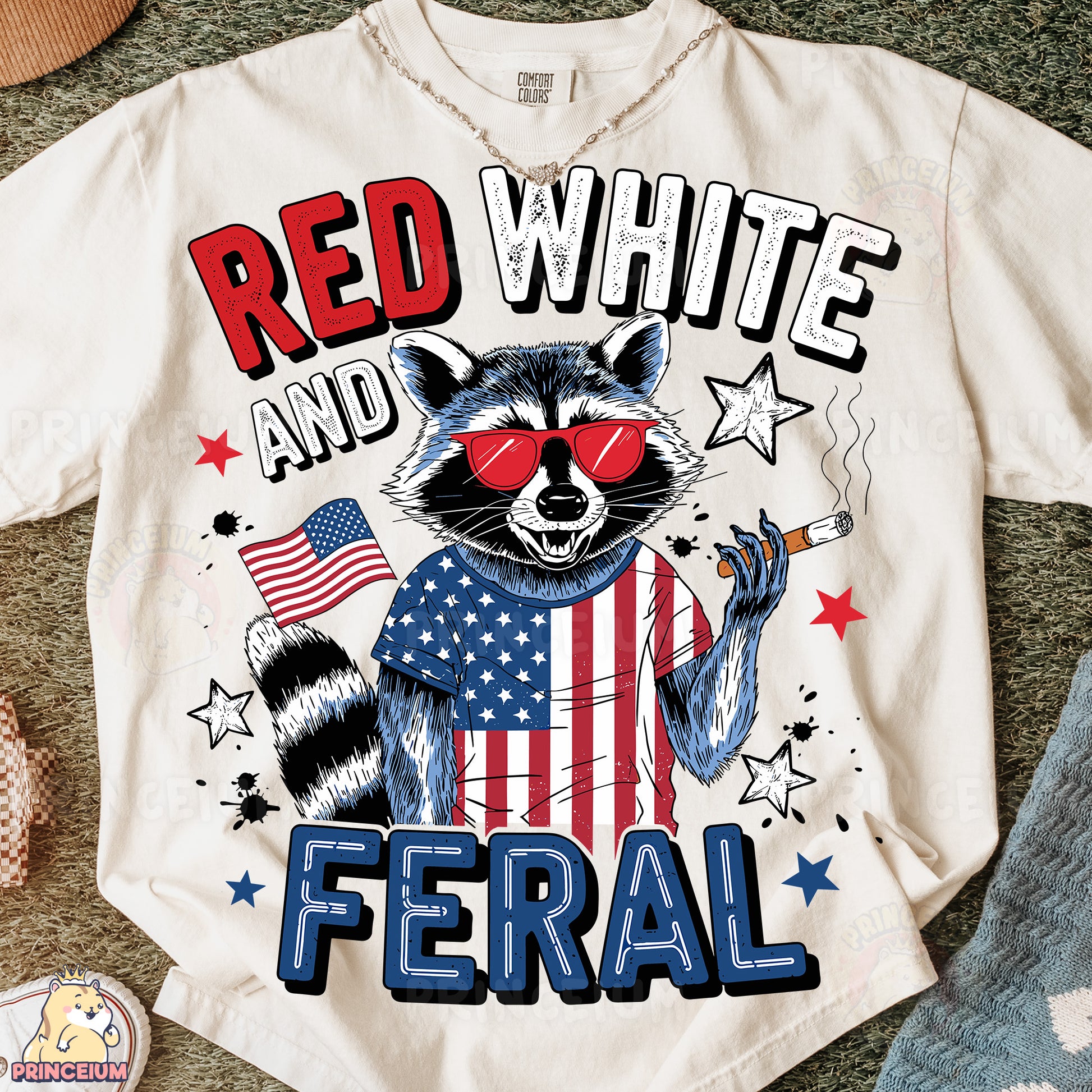 a red, white and blue shirt with a raccoon wearing sunglasses