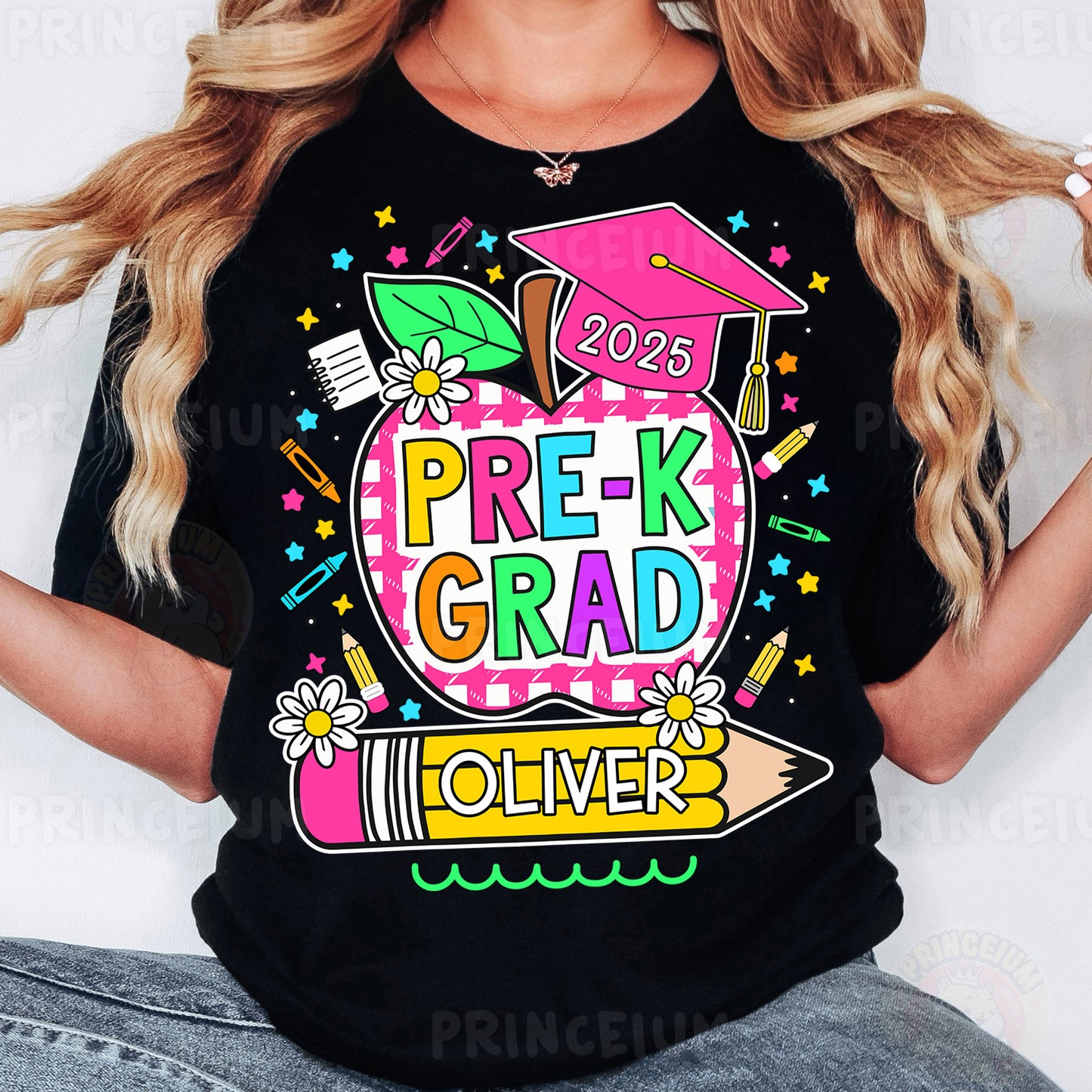 a woman wearing a black t - shirt that says prek grad lover