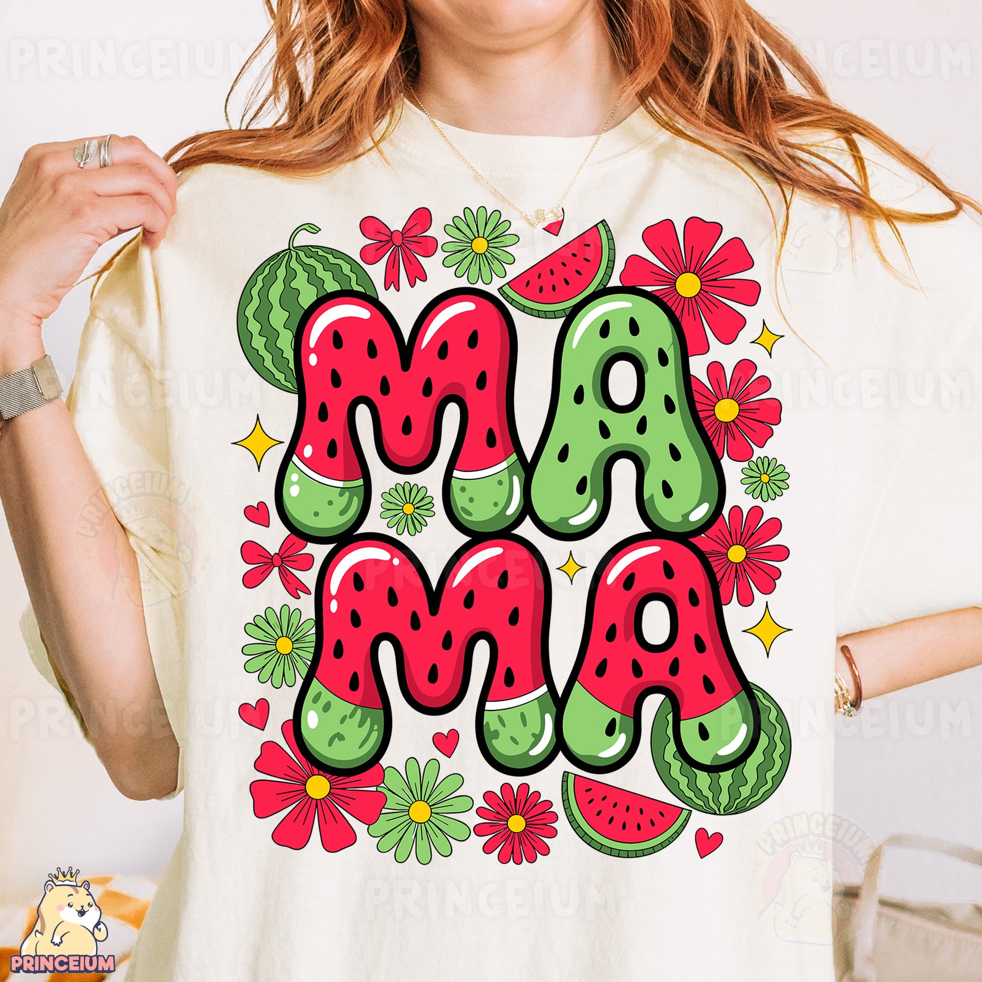 a woman wearing a t - shirt with the word mama on it