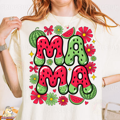 a woman wearing a t - shirt with the word mama on it