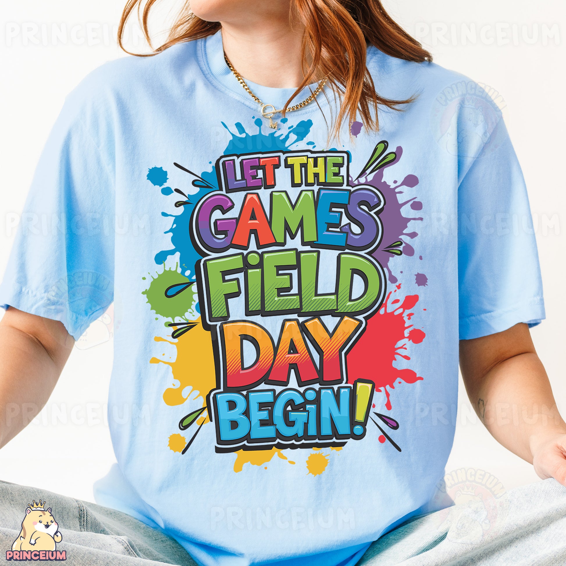 a girl wearing a t - shirt that says, let the games field day begin