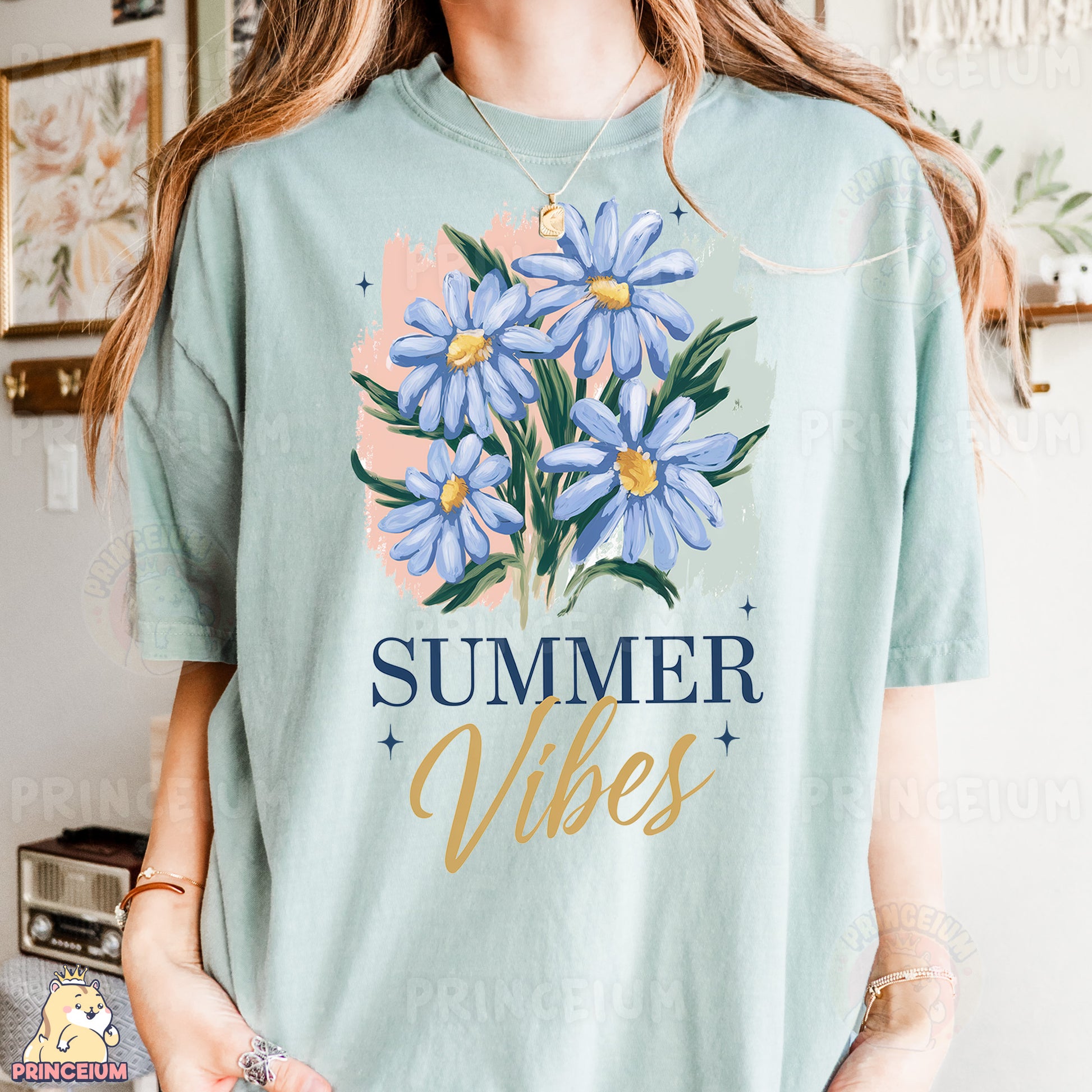 a woman wearing a t - shirt that says summer vibes
