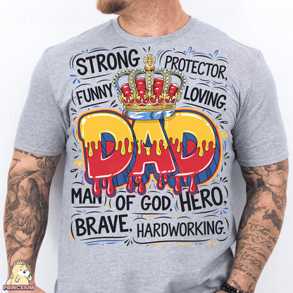 a man wearing a gray shirt with a crown on it