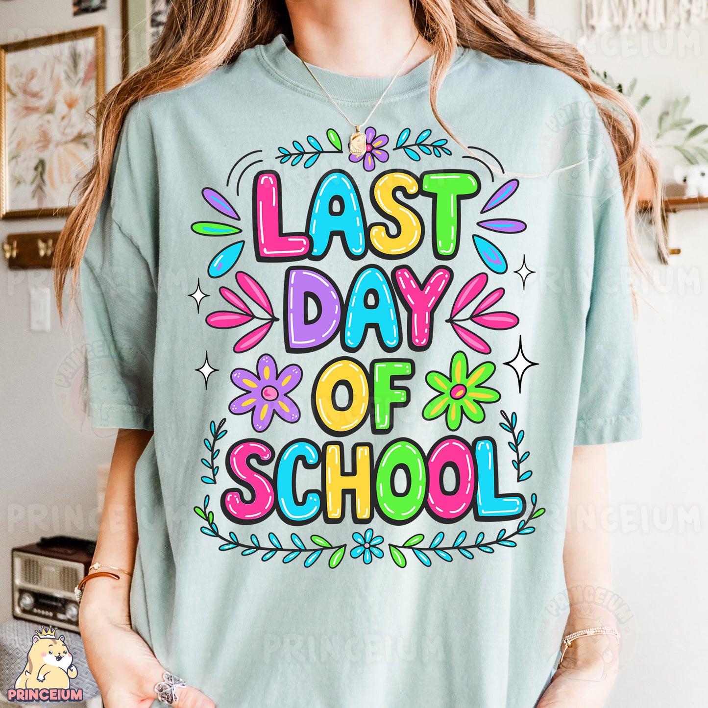 a woman wearing a t - shirt that says last day of school