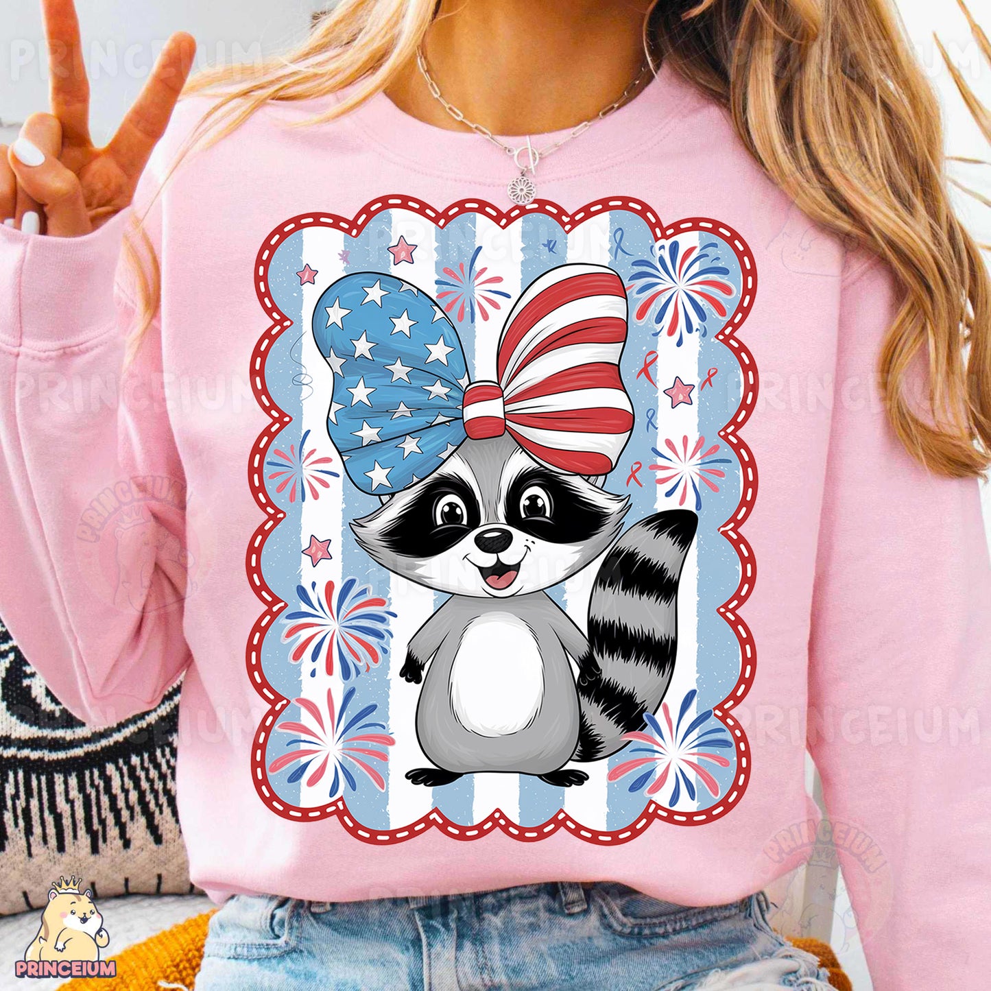 a woman wearing a pink shirt with a raccoon on it