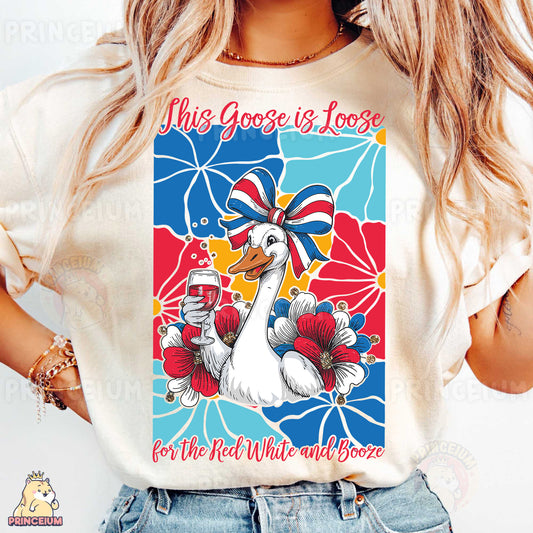 a woman wearing a t - shirt with a goose on it
