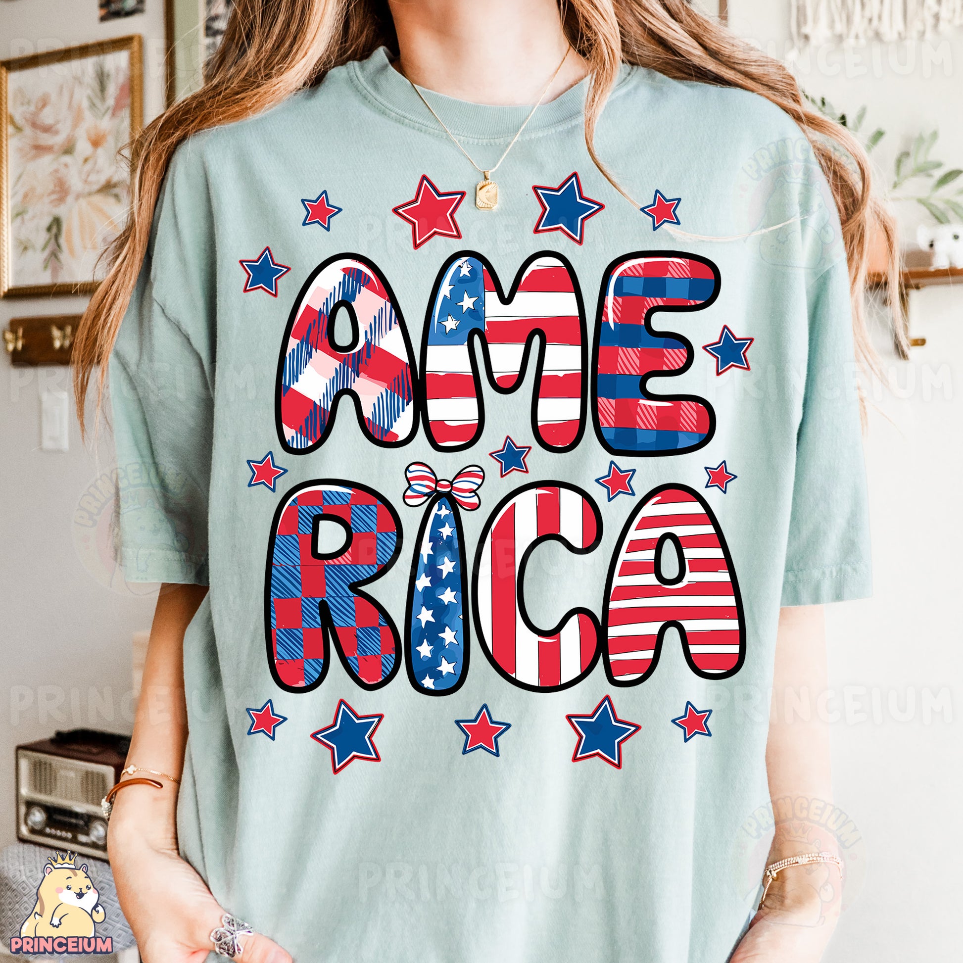 a woman wearing a t - shirt with the word america on it