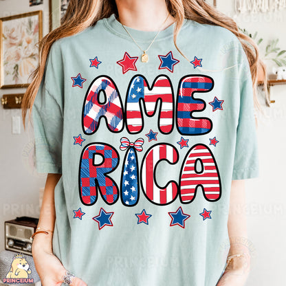 a woman wearing a t - shirt with the word america on it