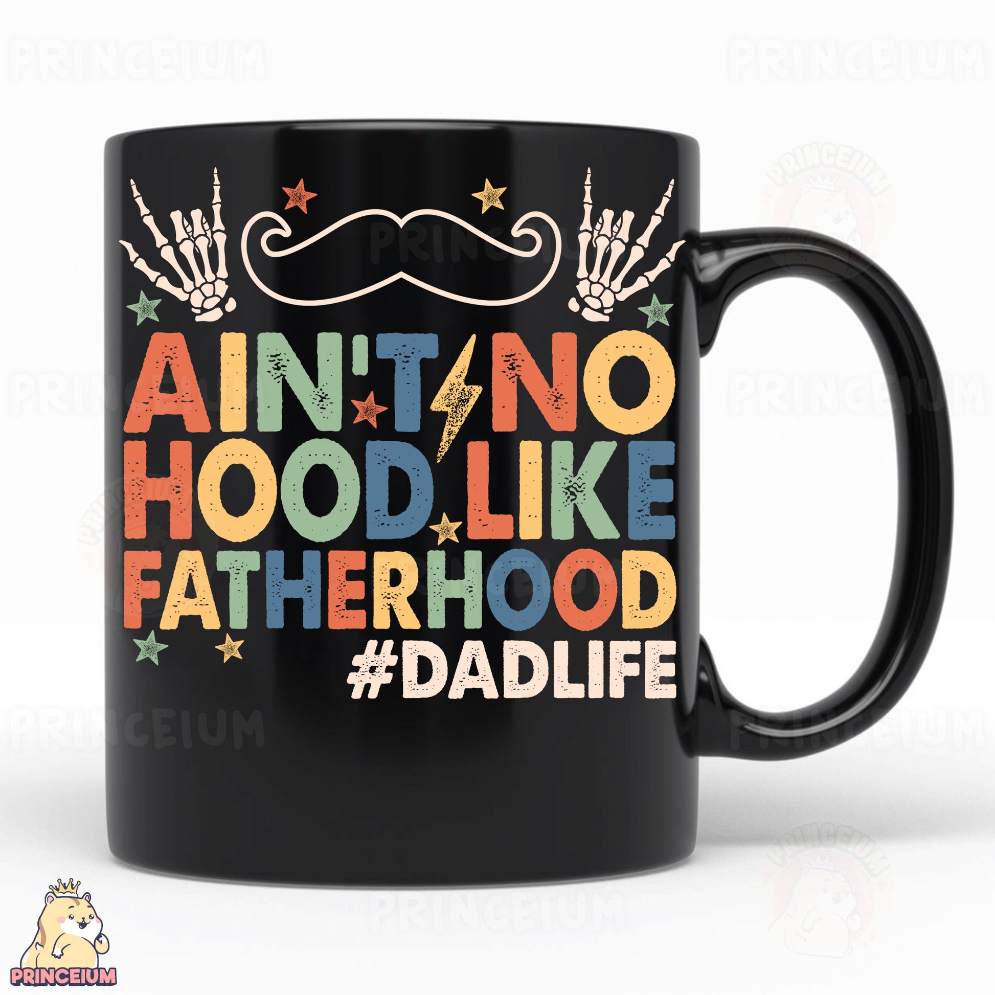 a black coffee mug with the words,'no hood like fatherhood '