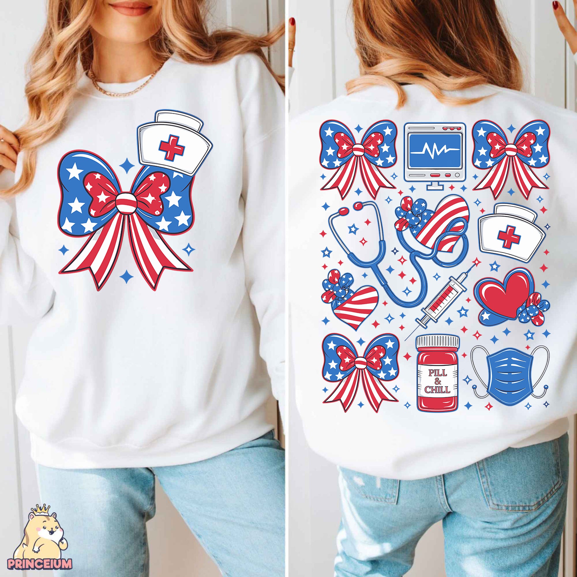 a woman wearing a white sweatshirt with red, white, and blue designs on it
