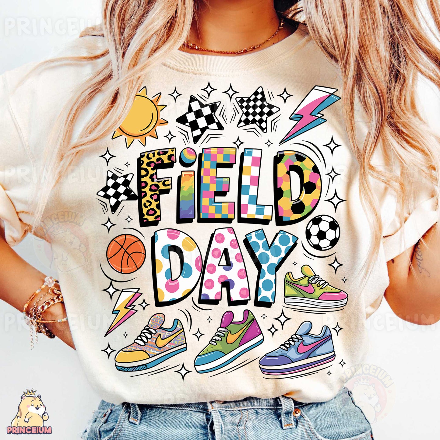 a woman wearing a t - shirt that says field day