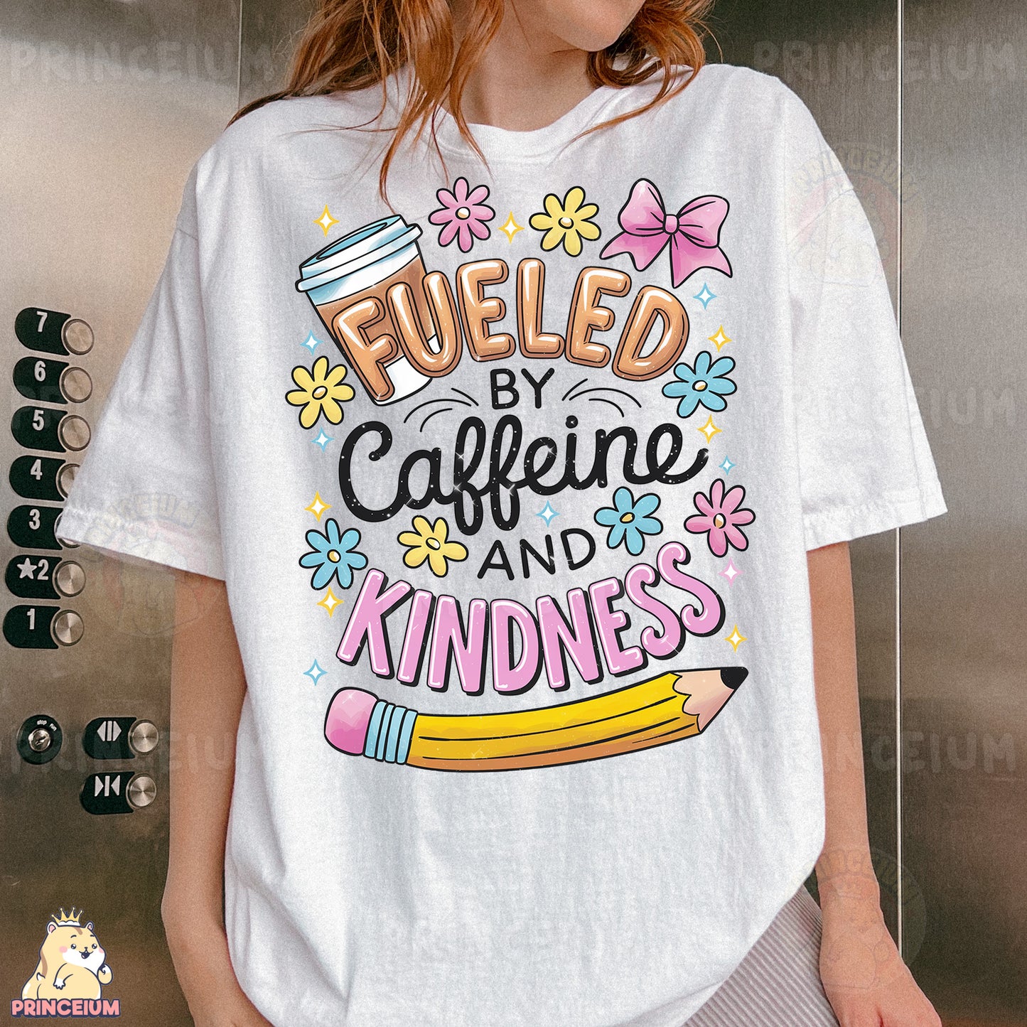 a woman wearing a t - shirt that says fueled by caffeine and kindness