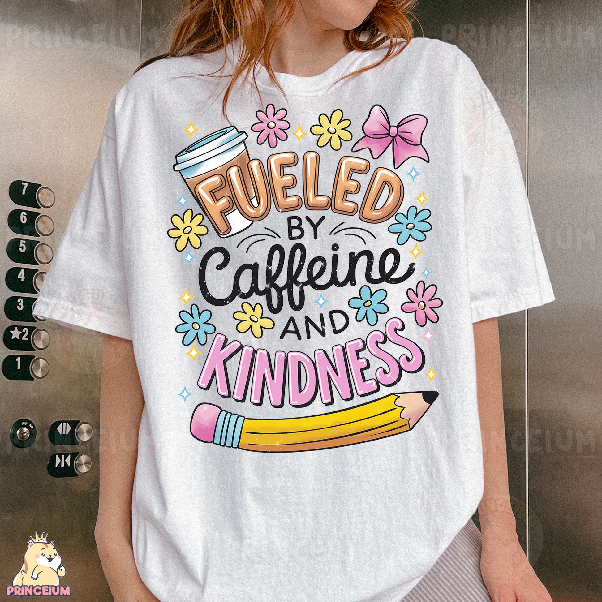 a woman wearing a t - shirt that says fueled by caffeine and kindness