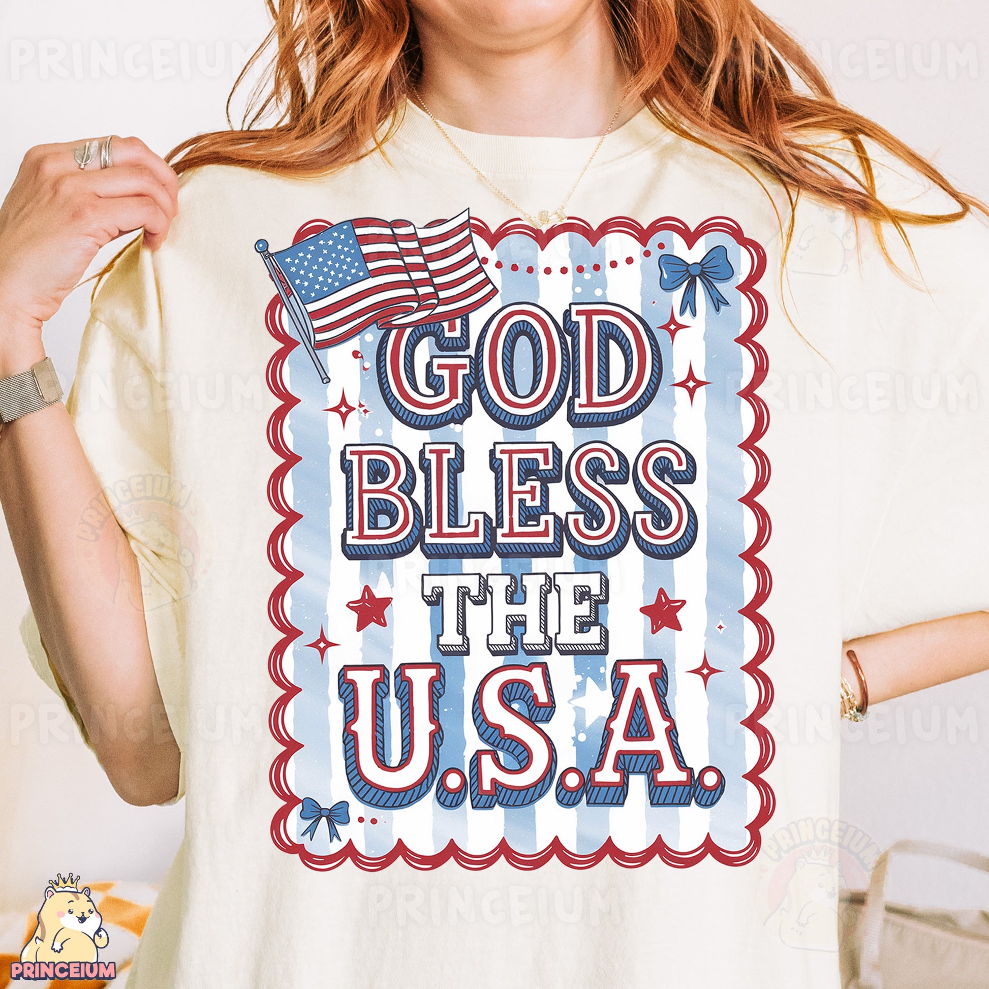 a woman wearing a t - shirt that says god bless the usa