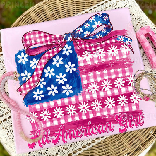 All American Girl Sublimation Design PNG | Patriotic Gingham Flag with Bow Digital Download
