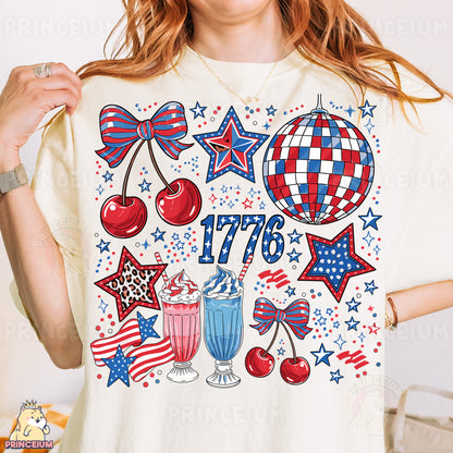 a woman wearing a t - shirt with a patriotic design