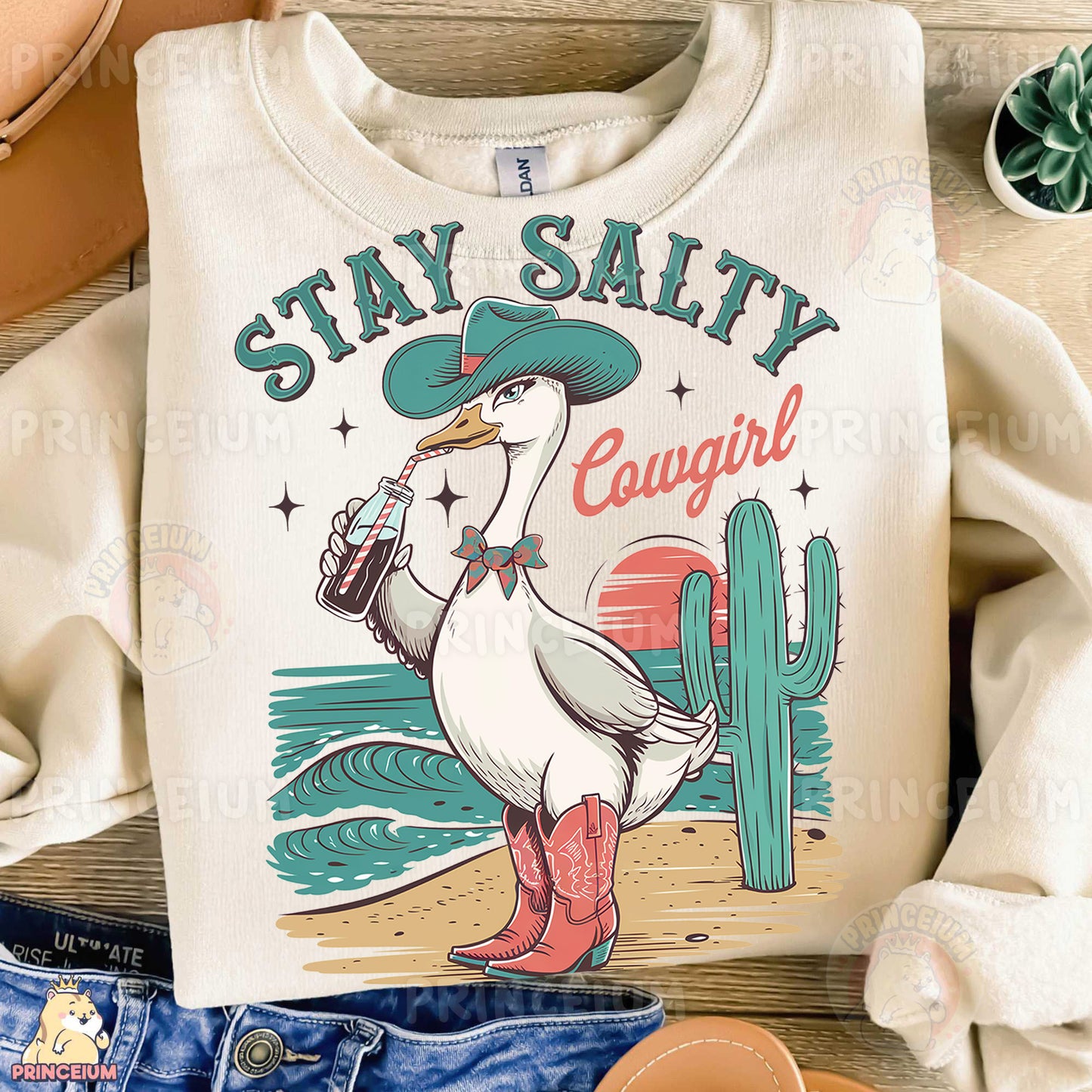 a white shirt with a duck wearing a hat and holding a beer